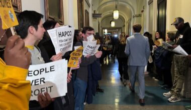 Protesters chant at City Hall in support of the Safe Healthy Homes Act.