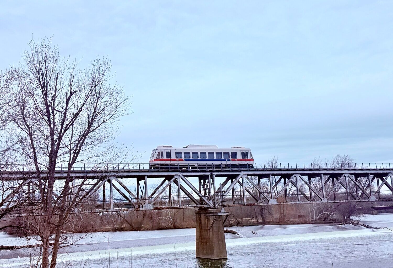 An M vehicle travels over the Bridgeport Viaduct.