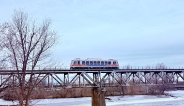 An M vehicle travels over the Bridgeport Viaduct.