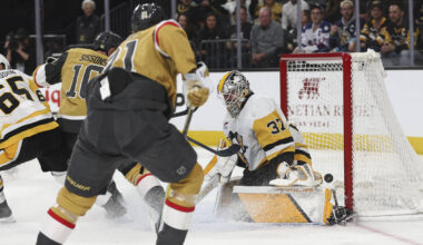 Golden Knights center Colton Sissons (10) scores past Pittsburgh Penguins goaltender Arturs Sil ...