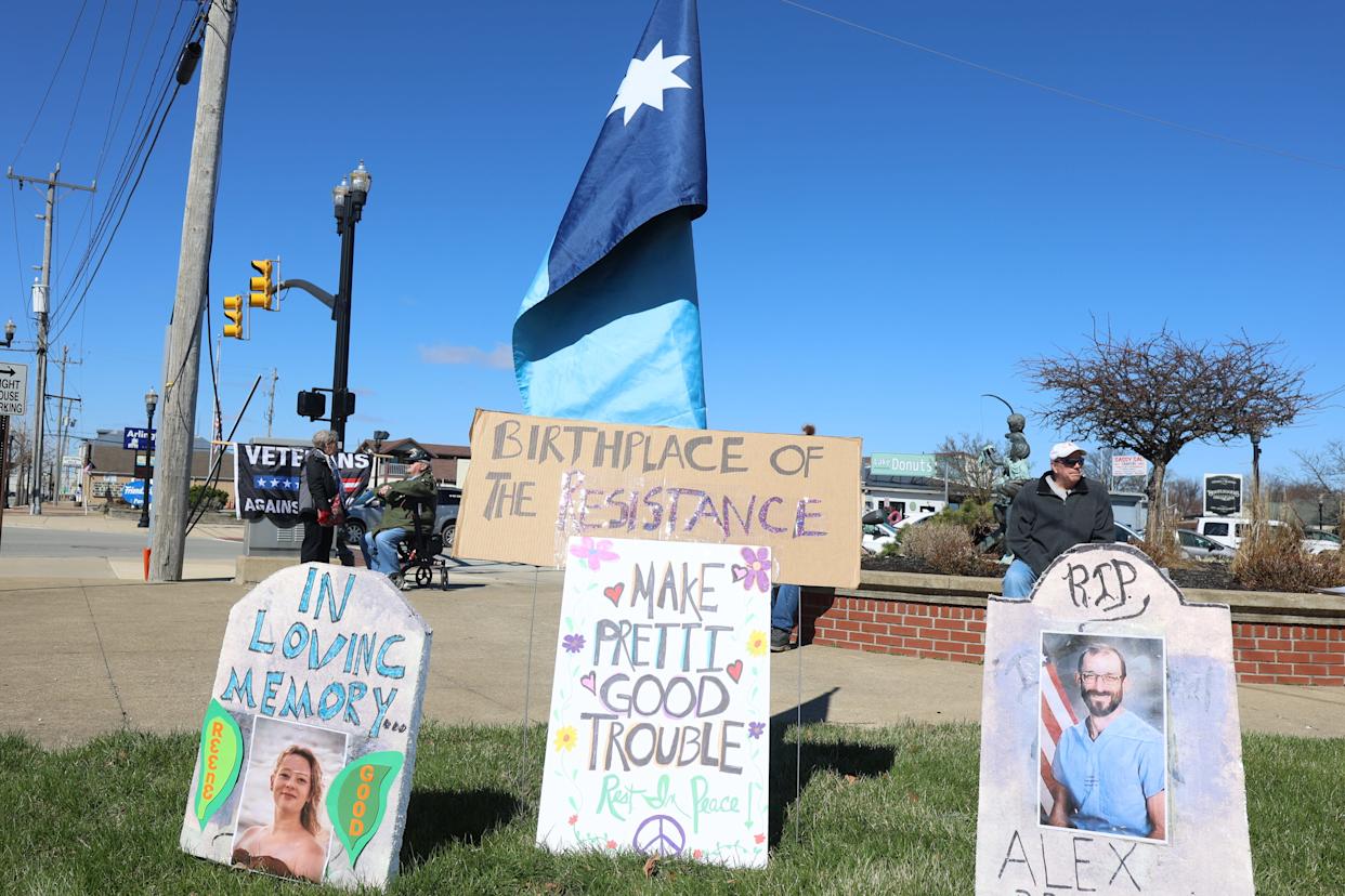A Minnesota flag and impromptu memorials to Alex Pretti and Renee Good were part of the No Kings protest in Port Clinton, Ohio, on March 28, 2026.