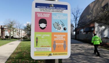 A COVID-19 safety guidelines sign hangs outside the Daskalakis Athletic Center on the Drexel University campus in 2020.