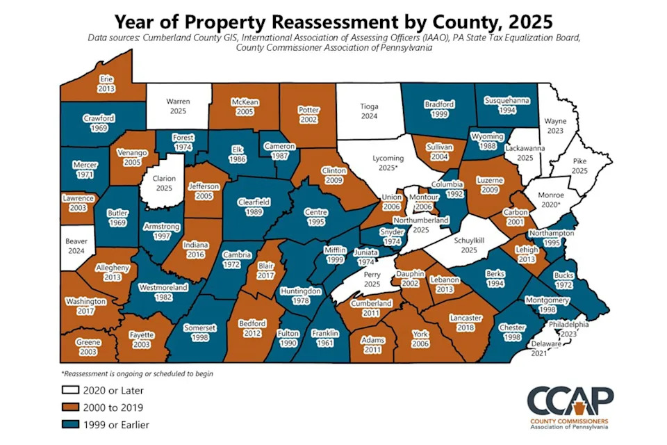 This graphic provided by the County Commissioners Association of Pennsylvania shows the last time each county had a countywide property reassessment.