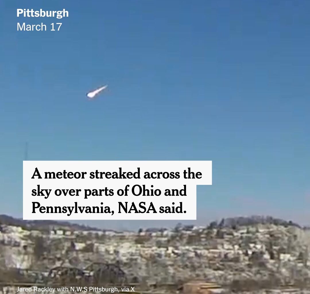 A meteor was captured on cameras in Ohio and Pennsylvania on Tuesday morning, NASA said. The fireball created a sonic boom around the Lake Erie region, a meteorologist said. https://nyti.ms/4uB3NGA | The New York Times