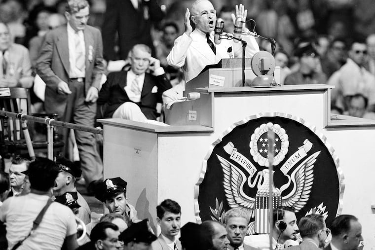 President Harry S. Truman is shown during his acceptance speech at the Democratic National Convention in Philadelphia, July 15, 1948.  (AP Photo)