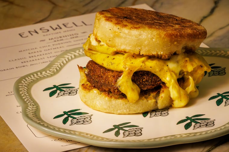 Breakfast sandwich with mushroom scrapple from Enswell, 1528 Spruce St, Philadelphia, Tuesday, March 17, 2026.