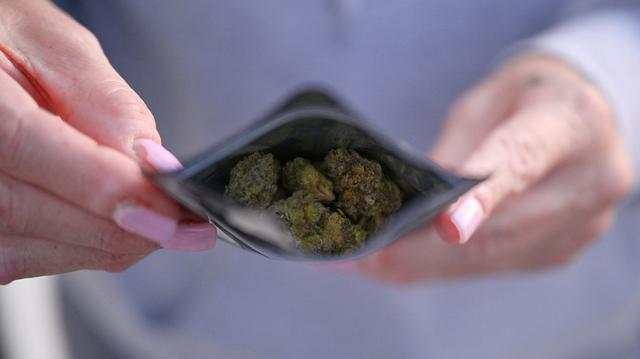A customer displays a bag of "flower," or marijuana bud, she purchased at an unlicensed cannabis dispensary in Los Angeles County in 2022. (Robyn Beck/AFP/Getty Images/TNS)