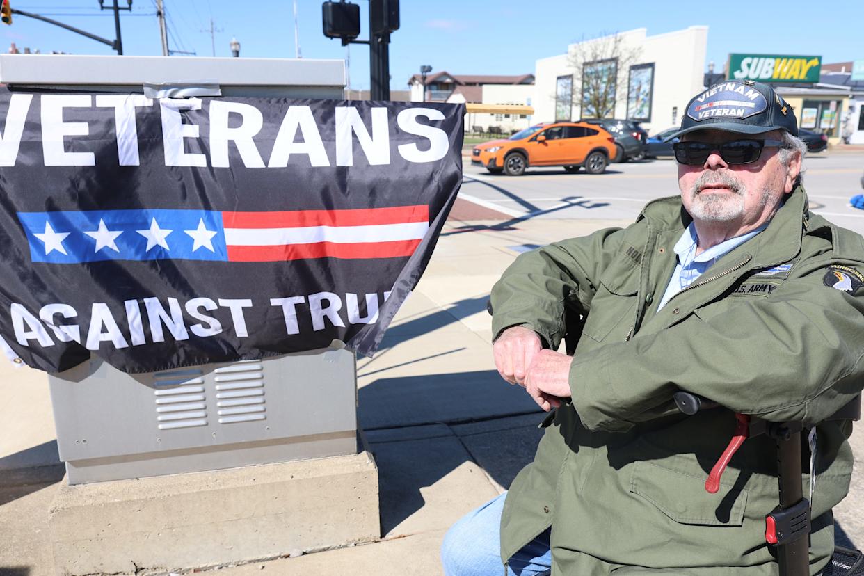 Richard Nolte, a Vietnam War veteran, braved the cold Lake Erie winds to demonstrate in the No Kings protest in Port Clinton, Ohio, on March 28, 2026.