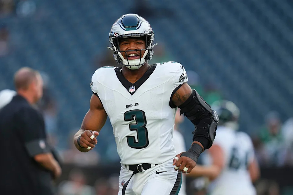 PHILADELPHIA, PENNSYLVANIA - AUGUST 7: Nolan Smith Jr. #3 of the Philadelphia Eagles looks on prior to the NFL Preseason 2025 game against the Cincinnati Bengals at Lincoln Financial Field on August 7, 2025 in Philadelphia, Pennsylvania. The Eagles defeated the Bengals 34-27. (Photo by Mitchell Leff/Getty Images)