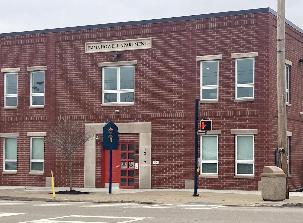 This is the Emma Howell Apartments building at 1319 Parade St. in Erie. The state historical marker honoring Howell and Ford Station is in front of the building.
