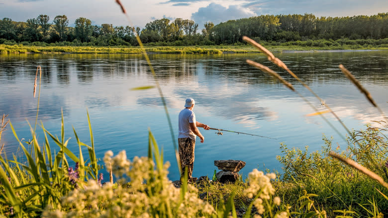 A man casting a fishing line into a wetland pond.