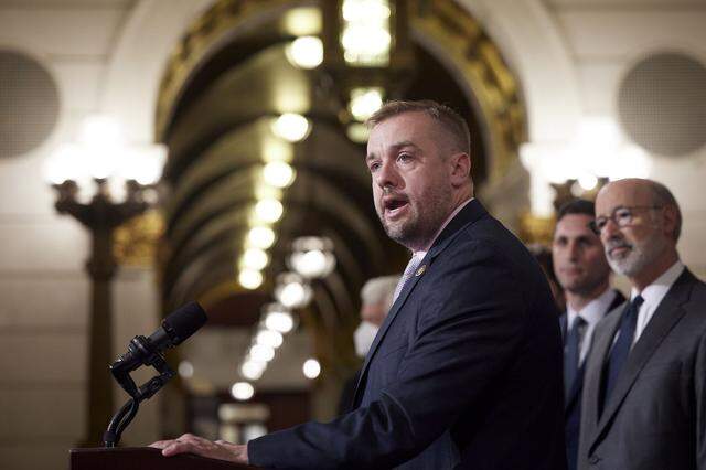 Rep. Bryan Cutler (R., Lancaster) speaking at a bipartisan state budget press conference in 2022, while he was state House speaker.