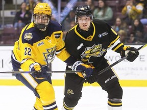 Erie Otters' AJ Gladman (22) checks Sarnia Sting's Carson Hall (10) at Progressive Auto Sales Arena in Sarnia, Ont., on Wednesday, March 18, 2026. Mark Malone/Chatham Daily News/Postmedia Network
