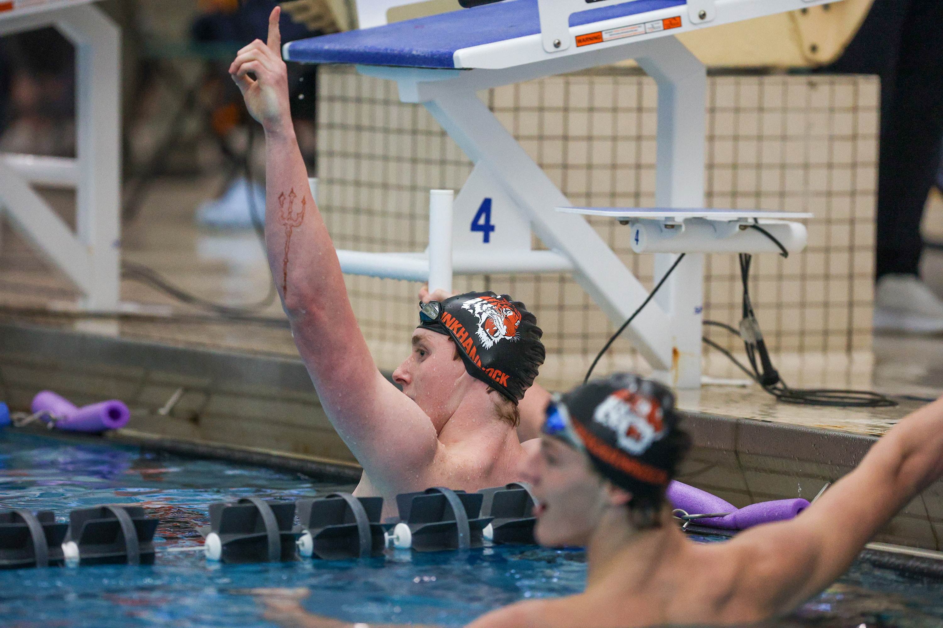 Tunkhannock Area’s Jaden Baltrusaitis holds up a finger in the...