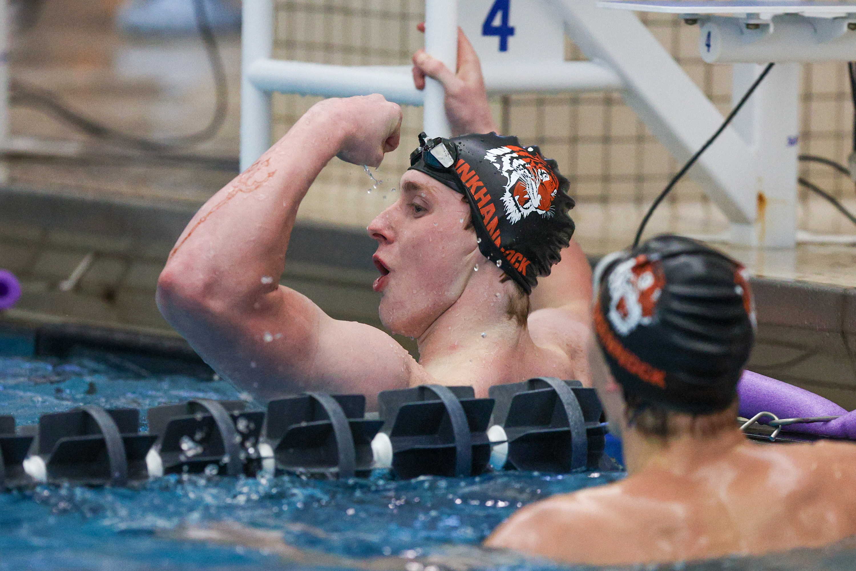 Tunkhannock Area’s Jaden Baltrusaitis celebrates after winning the 100 freestyle...
