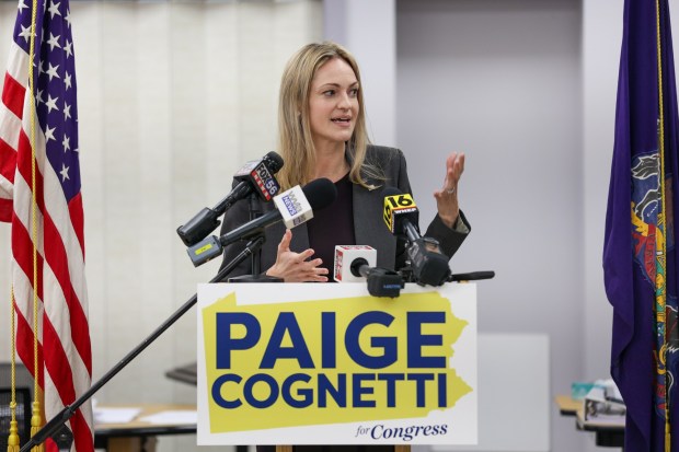 Mayor of Scranton and Pa. Congressional candidate Paige Cognetti speaks to press during a conference at PSEA in Wilkes-Barre on Wednesday, March 11, 2026. (JASON ARDAN / STAFF PHOTOGRAPHER)