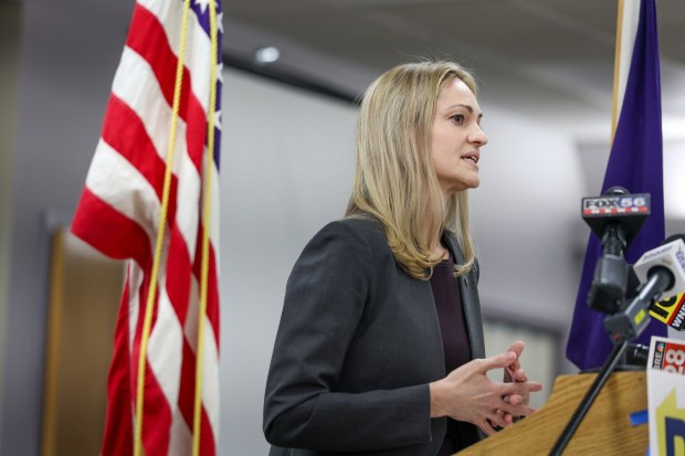 Mayor of Scranton and Pa. Congressional candidate Paige Cognetti speaks to press during a conference at PSEA in Wilkes-Barre on Wednesday, March 11, 2026. (JASON ARDAN / STAFF PHOTOGRAPHER)