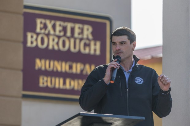 Congressman Rob Bresnahan speaks during the groundbreaking of the Wyoming Ave. to Schooley Ave. Sanitary and Sewer Rehabilitation Project in Exeter on Tuesday, Feb. 17, 2026. (JASON ARDAN / STAFF PHOTOGRAPHER)