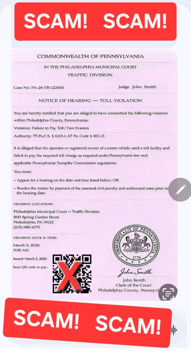 Text messages from the Traffic Division of Philadelphia Municipal Court saying you have a toll violation or from the City of Philadelphia saying you have a parking violation are scams, the Philadelphia Courts said in a news release Sunday. (PHILADELPHIA COURTS)