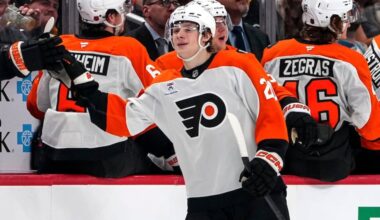 Alex Bump, center, returns to the bench after scoring his debut goal during the second period of Saturday's game against Pittsburgh.