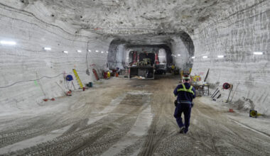 George Campbell, maintenance supervisor, walks down an incline in the shop at the Cargill salt mine...