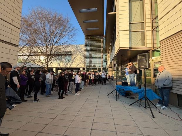 Organizers address the crowd at Penn State Berks before the start of New Journey Community Outreach's Coldest Night of the Year walk Feb. 28. The event raises funds for and awareness of those experiencing hunger and homelessness in Berks County. (Courtesy of Matthew Brocchi)