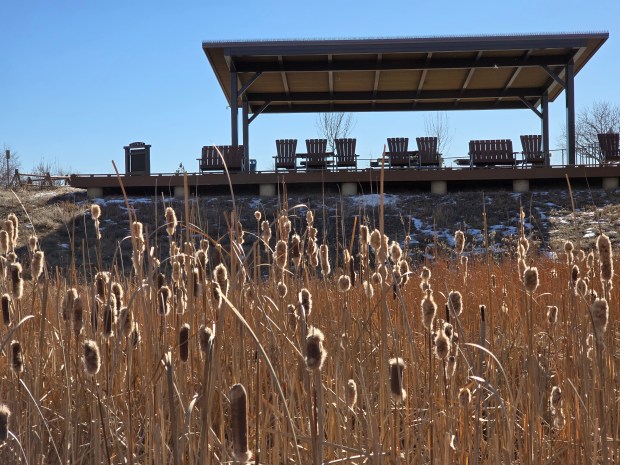 A covered pavilion provides a place for an overview of the Erie Wetlands. (Ruth Carol Cushman)
