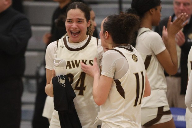 Bethlehem Catholic's Brooklyn Lewis, left, and Leah Ault  celebrate Wednesday's 51-42 victory over Villa Maria. Tom Silknitter - For MediaNews Group
