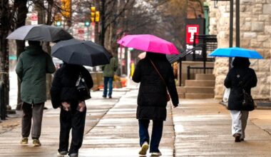 Pedestrians walks on the Temple University campus as rain falls on Feb. 22 before the snows came.