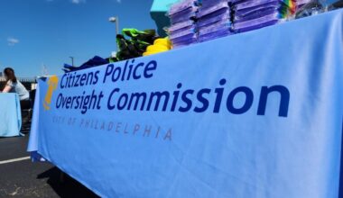 A sign with the logo for Philadelphia's Citizens Police Oversight Commission, the city's independent police watchdog agency.
