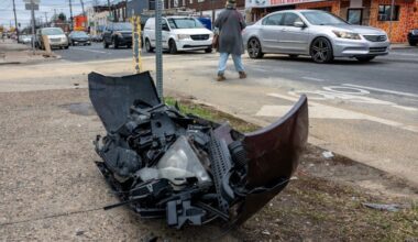 The scene at Torresdale and Harbison Avenues in Frankford on Sunday, March 15, 2026, where an infant was killed earlier in the morning. A private ambulance carrying the infant and her mother sped through a red light and crashed, police said.