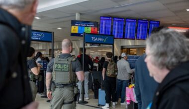 A line begins to form at the TSA Pre checkout lanes in Terminal D at the Philadelphia International Airport in Philadelphia, Pa., on Friday., March. 27, 2026.