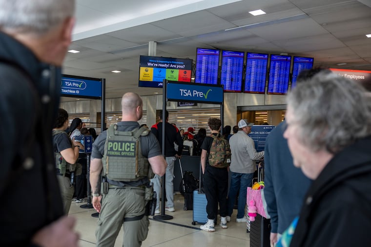 A line begins to form at the TSA Pre checkout lanes in Terminal D at the Philadelphia International Airport in Philadelphia, Pa., on Friday., March. 27, 2026.