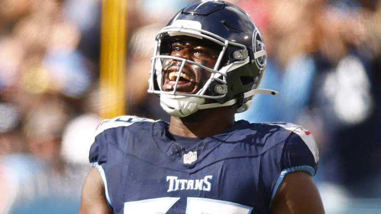 NASHVILLE, TENNESSEE - NOVEMBER 03: Sebastian Joseph-Day #69 of the Tennessee Titans celebrates a sack against the New England Patriots during the first quarter at Nissan Stadium on November 03, 2024 in Nashville, Tennessee. (Photo by Johnnie Izquierdo/Getty Images)