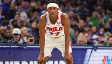 PHILADELPHIA, PA - MARCH 14: VJ Edgecombe #77 of the Philadelphia 76ers looks on during the game against the Brooklyn Nets on March 14, 2026 at the Wells Fargo Center in Philadelphia, Pennsylvania NOTE TO USER: User expressly acknowledges and agrees that, by downloading and/or using this Photograph, user is consenting to the terms and conditions of the Getty Images License Agreement. Mandatory Copyright Notice: Copyright 2026 NBAE (Photo by Jesse D. Garrabrant/NBAE via Getty Images)