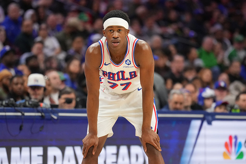 PHILADELPHIA, PA - MARCH 14: VJ Edgecombe #77 of the Philadelphia 76ers looks on during the game against the Brooklyn Nets on March 14, 2026 at the Wells Fargo Center in Philadelphia, Pennsylvania NOTE TO USER: User expressly acknowledges and agrees that, by downloading and/or using this Photograph, user is consenting to the terms and conditions of the Getty Images License Agreement. Mandatory Copyright Notice: Copyright 2026 NBAE (Photo by Jesse D. Garrabrant/NBAE via Getty Images)