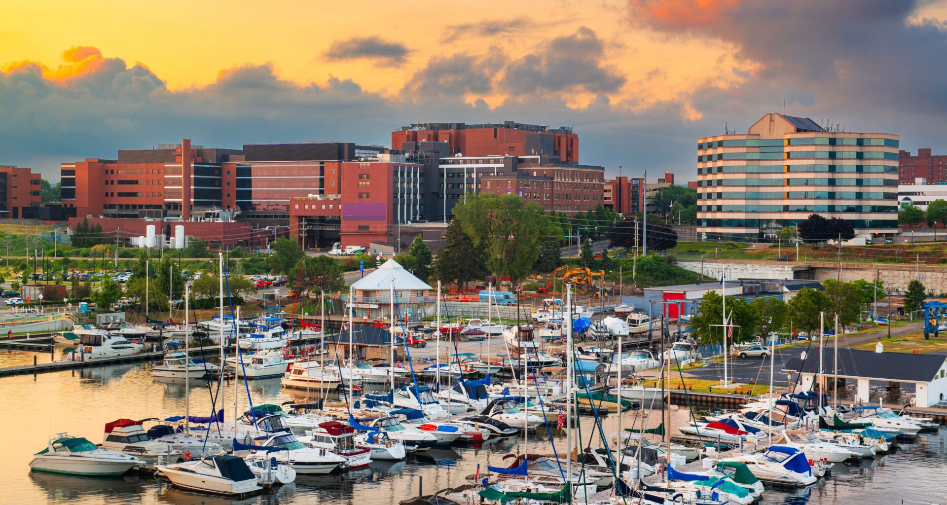 Downtown on the bayfront at dusk in Erie, PA.