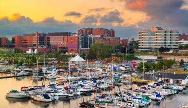 Downtown on the bayfront at dusk in Erie, PA.