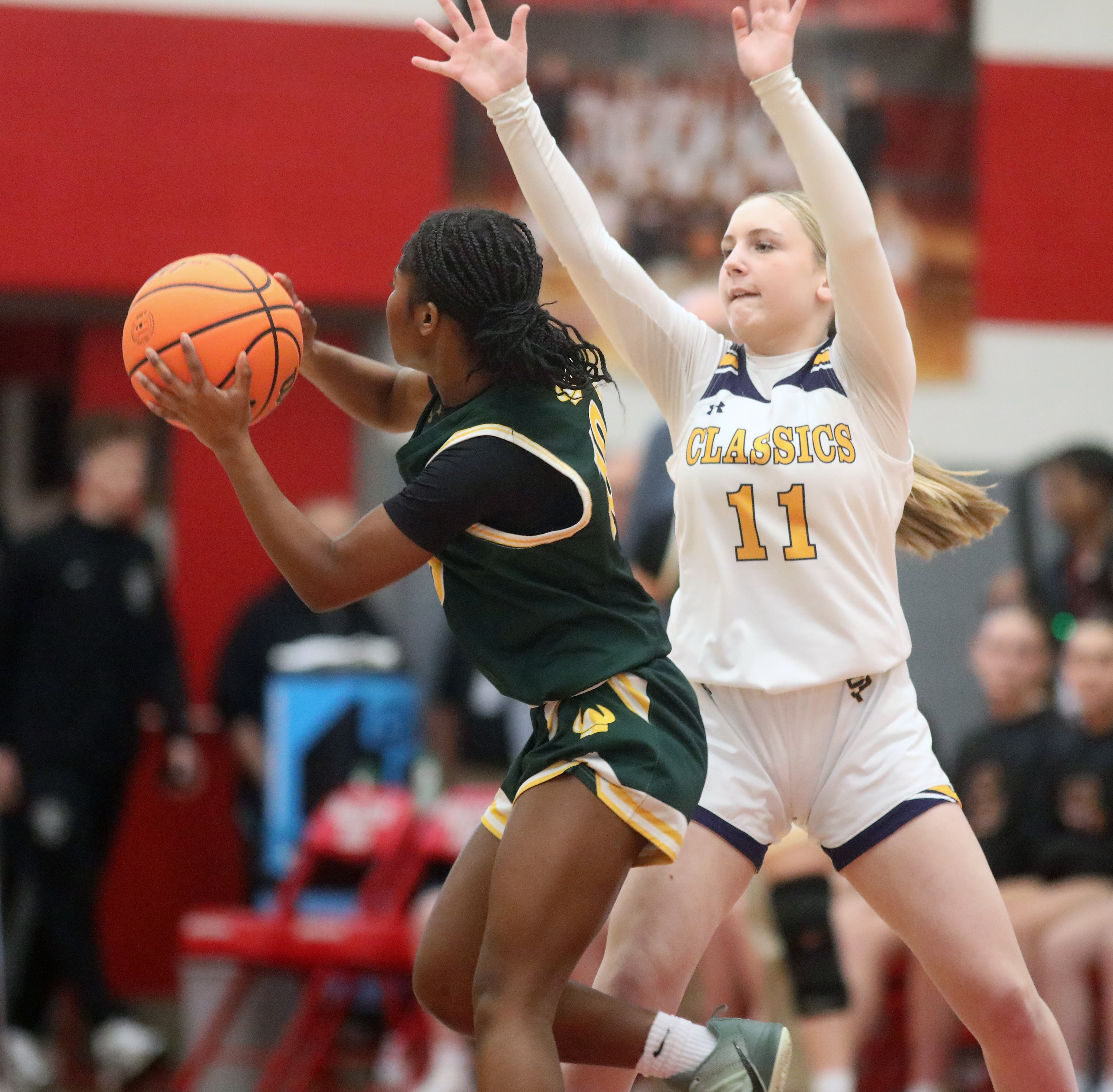 Scranton Prep’s Carly Krzywiec (11) pressures Allentown Central Catholic’s Samantha...