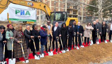 Gov. Shapiro, Mayor Parker and other dignitaries hold shovels at the groundbreaking ceremony for a PHA