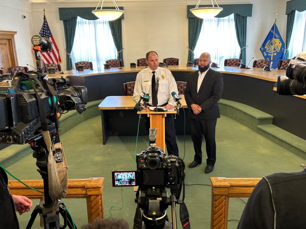 Upper Darby Fire Chief Rick Martin and Mayor Ed Brown explain that Garrettford Drexel Hill Fire Company didn't need to put itself out of service, but could not respond to a dispatch if at least one member of the responding crew didn't have a particular certification. (PETE BANNAN-DAILY TIMES)