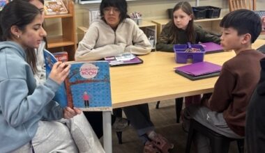 high school student reads to elementary students
