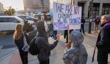 Anti-ICE protestors protest outside Immigration and Customs Enforcement at N. 8th and Cherry Street in Philadelphia on Monday.