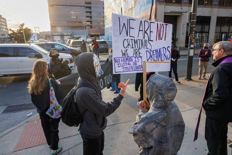 Anti-ICE protestors protest outside Immigration and Customs Enforcement at N. 8th and Cherry Street in Philadelphia on Monday.