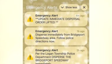 A screenshot of Pamela Reistle Ott's phone when dispersal orders were sent to phones in the area surrounding the Bridgeport Speedway in Gloucester County, N.J., on Sunday, March 29, 2026. Authorities have not confirmed what spurred the alert as of publishing, but local reports suggest that large crowds became a nuisance to the area following a car show.