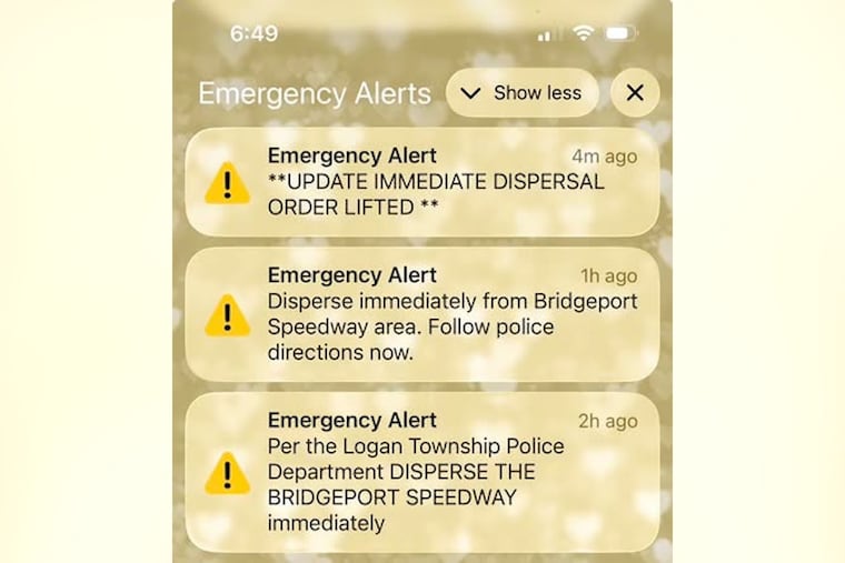 A screenshot of Pamela Reistle Ott's phone when dispersal orders were sent to phones in the area surrounding the Bridgeport Speedway in Gloucester County, N.J., on Sunday, March 29, 2026. Authorities have not confirmed what spurred the alert as of publishing, but local reports suggest that large crowds became a nuisance to the area following a car show.