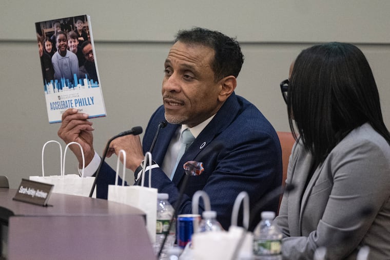 Tony B. Watlington Sr. superintendent of the School District of Philadelphia, is shown at a school board meeting in this February file photo.