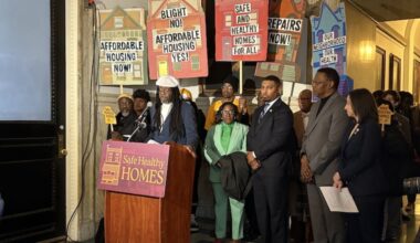 Cincere Wilson, a renter at the Upsal Garden apartment complex in Mount Airy, talks about how his living room ceiling collapsed last year during a Feb. 19 news conference at City Hall organized by City Councilmember Nicolas O'Rourke in support of his Safe Healthy Homes Act.