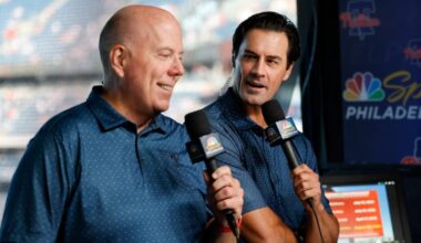 Former Phillies pitcher Cole Hamels (right) and team announcer Tom McCarthy record the opening before the Phillies and Atlanta Braves game in the NBC Sports Philadelphia television booth at Citizens Bank Park on Saturday, August 30, 2025.