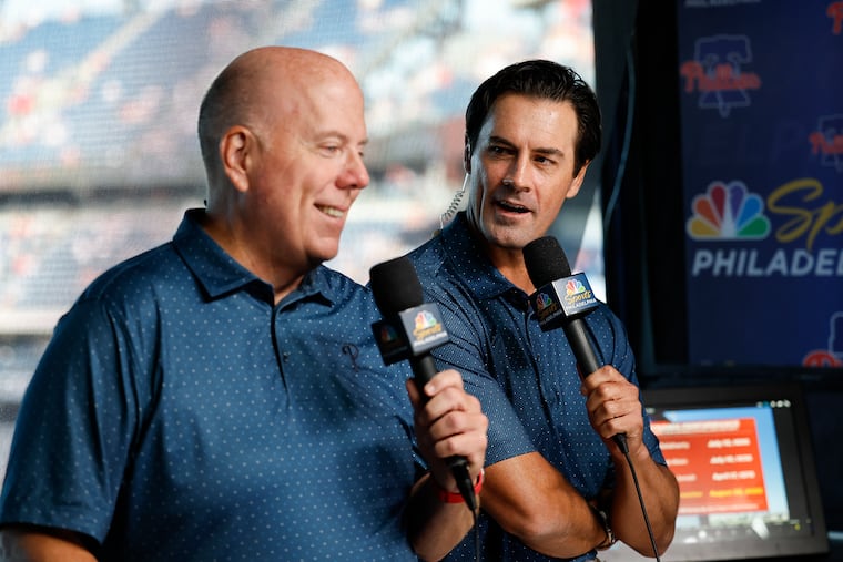 Former Phillies pitcher Cole Hamels (right) and team announcer Tom McCarthy record the opening before the Phillies and Atlanta Braves game in the NBC Sports Philadelphia television booth at Citizens Bank Park on Saturday, August 30, 2025.